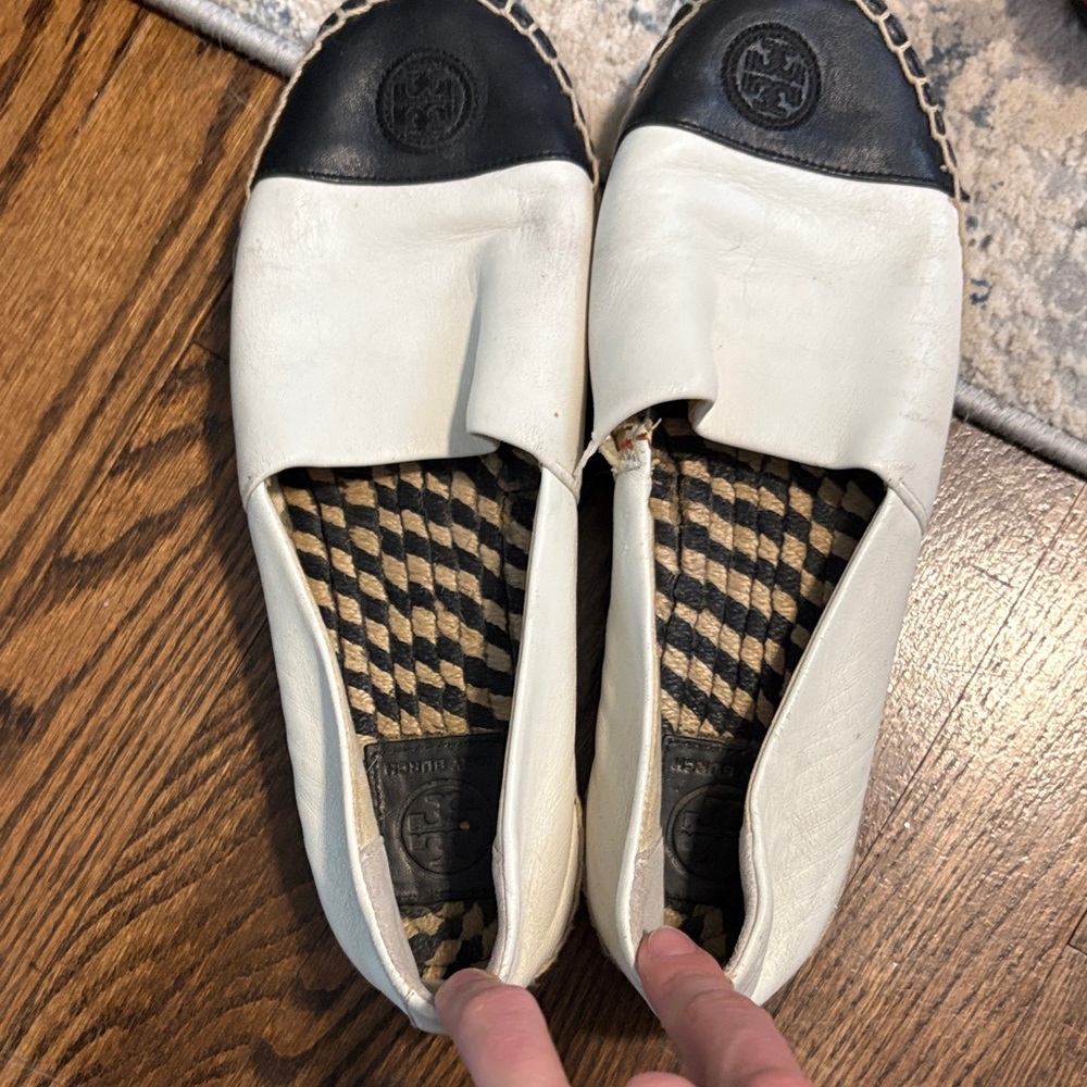 Tory Burch White Leather Espadrille Flats with Black Toe Cap